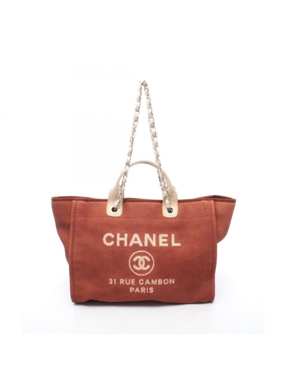 Chanel Tote Bag Deauville Red White Canvas Leather Shopping
